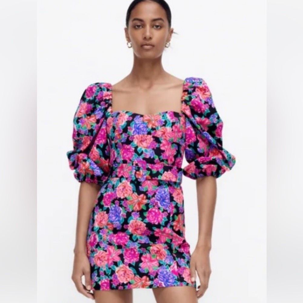 Zara Puff Sleeve Long Sleeve Floral Mini Dress Size Small - Picture 2 of 11